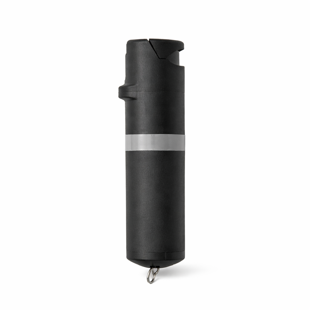 Black pepper spray canister with a reflective stripe on a white background #color_black-x-grey