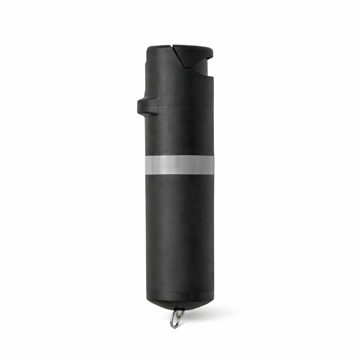 Black pepper spray canister with a reflective stripe on a white background #color_black-x-grey