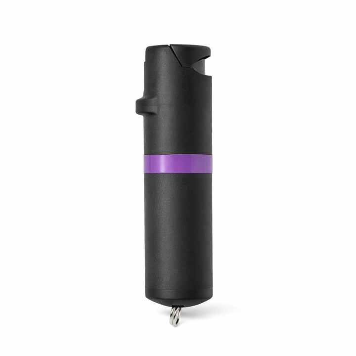 Black pepper spray with purple band on a white background #color_black-x-purple