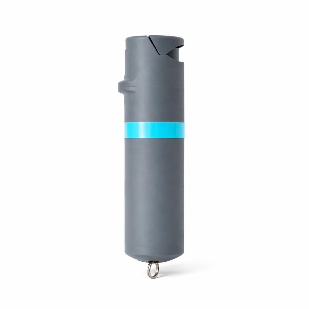 Gray pepper spray with a blue band on a white background #color_grey-x-aqua