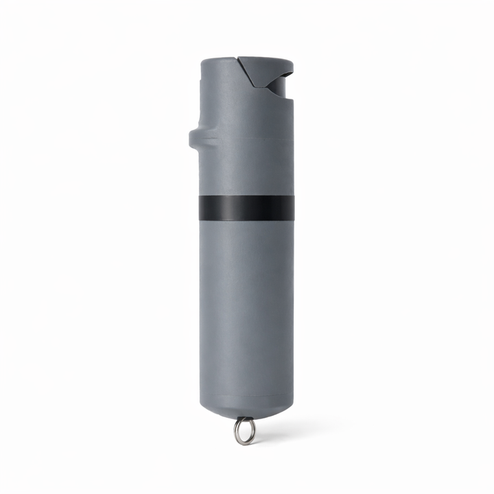 Gray pepper spray canister with a black band on a white background #color_grey-x-black