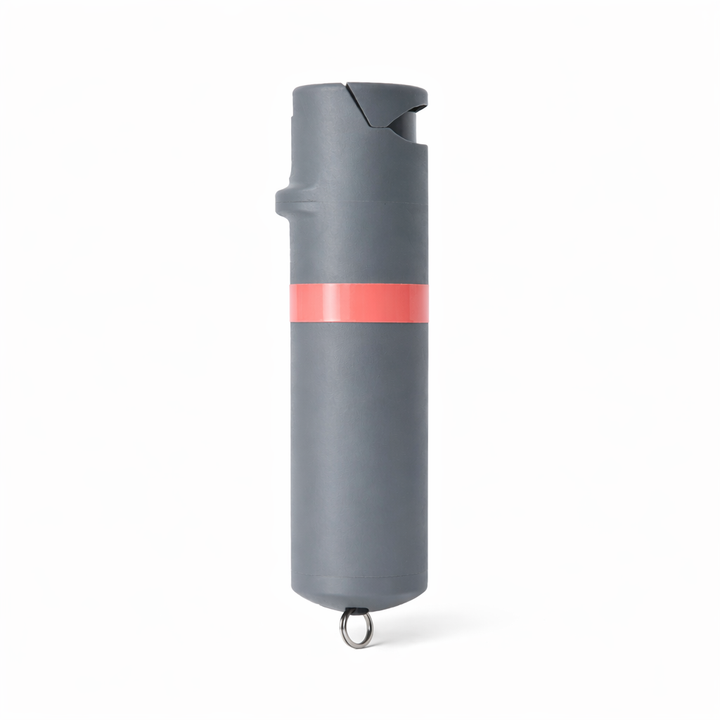 Gray pepper spray canister with a coral stripe on a white background #color_grey-x-coral