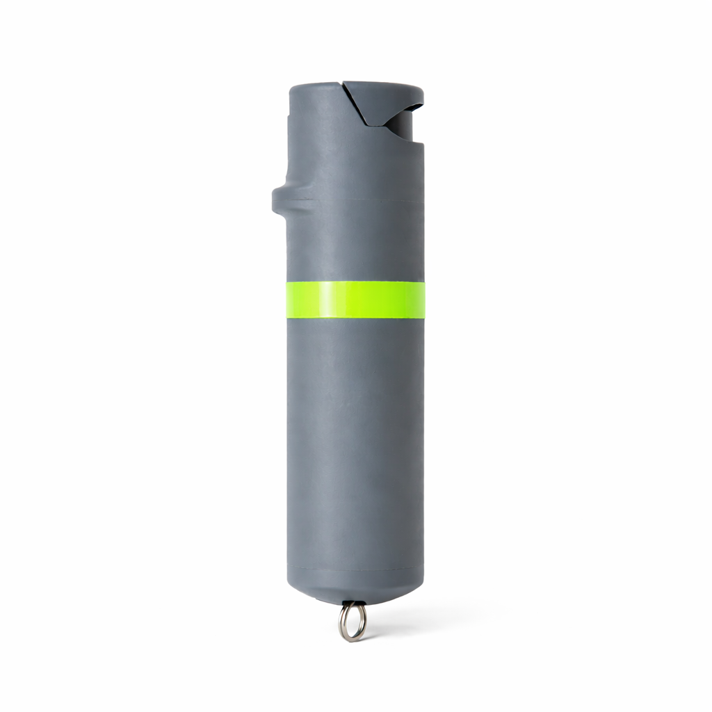 Gray pepper spray canister with a green stripe on a white background #color_grey-x-lime