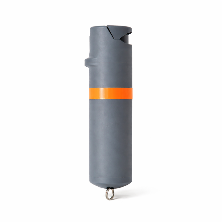 Gray pepper spray canister with an orange stripe on a white background #color_grey-x-orange