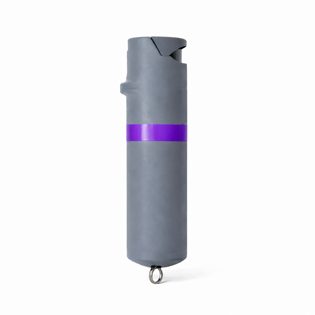 Gray pepper spray canister with a purple stripe on a white background #color_grey-x-purple