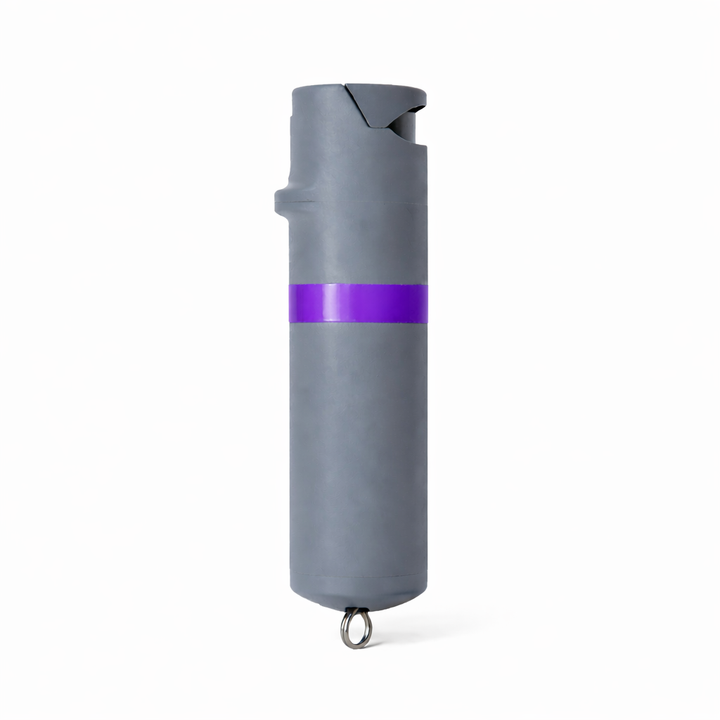 Gray pepper spray canister with a purple stripe on a white background #color_grey-x-purple