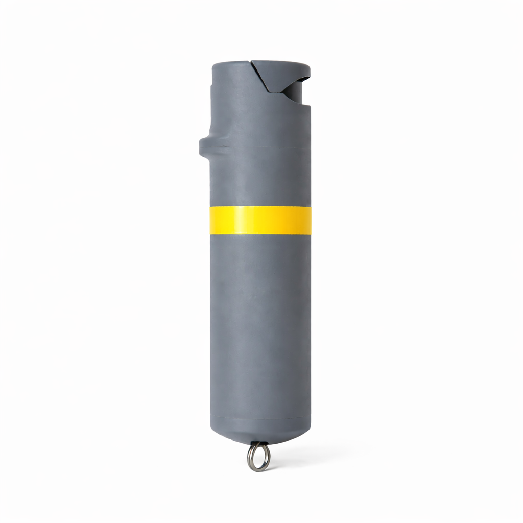 Gray pepper spray canister with a yellow stripe on a white background #color_grey-x-yellow