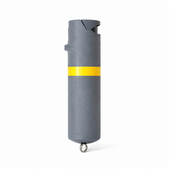 Gray pepper spray canister with a yellow stripe on a white background #color_grey-x-yellow