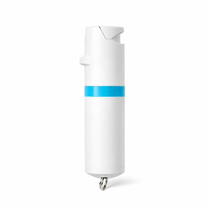 White pepper spray device with a blue stripe on a white background #color_white-x-aqua