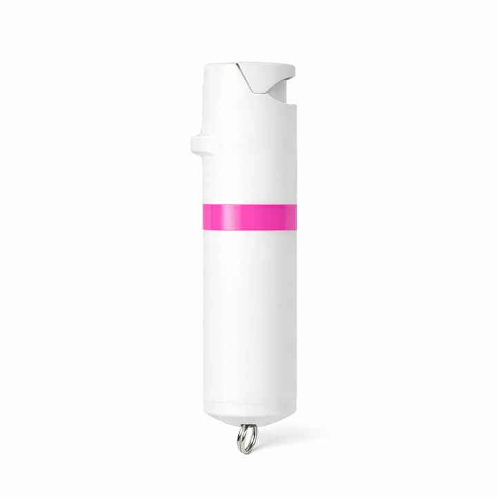 White pepper spray product with a pink band on a white background #color_white-x-pink