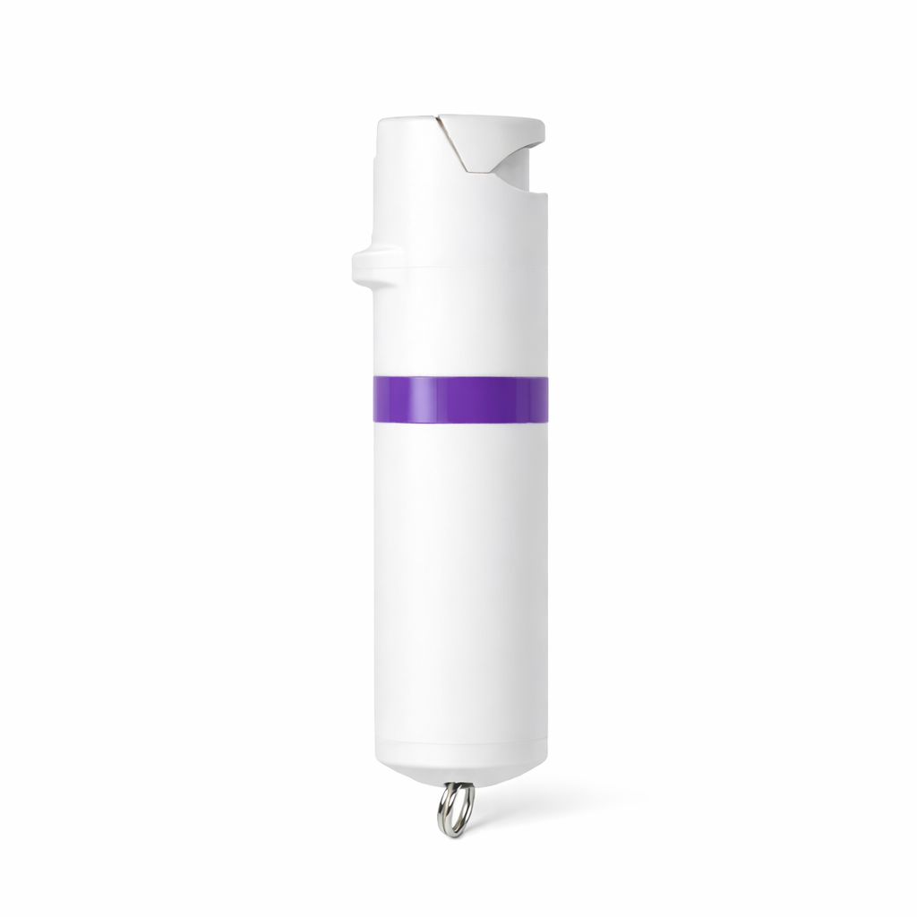 White pepper spray device with a purple band on a white background #color_white-x-pruple
