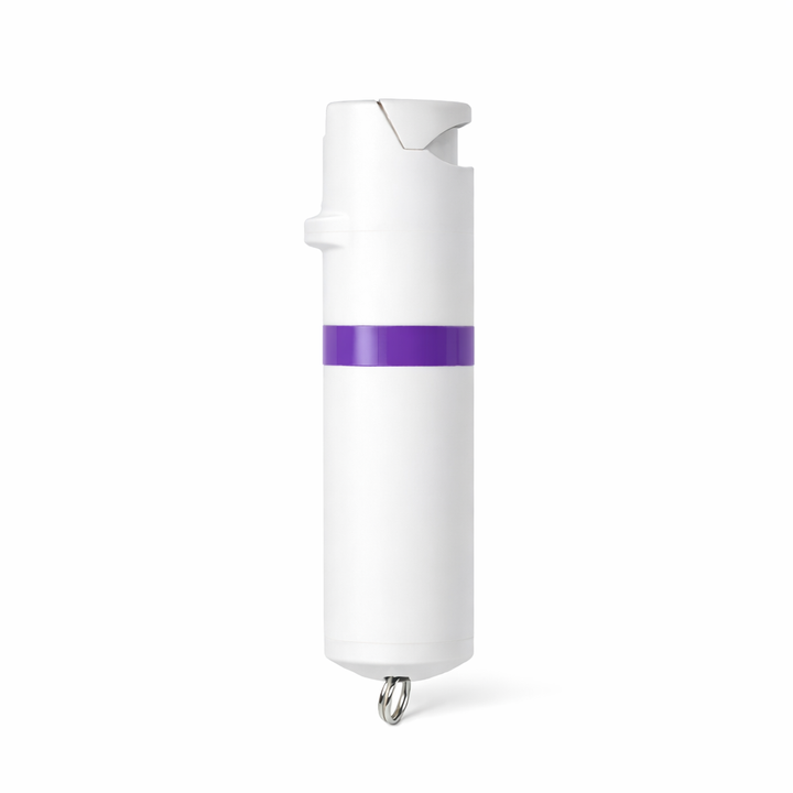 White pepper spray device with a purple band on a white background #color_white-x-pruple
